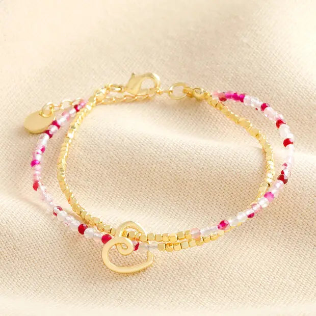 Lover - Pink Agate Beaded Heart Charm Bracelet in Gold