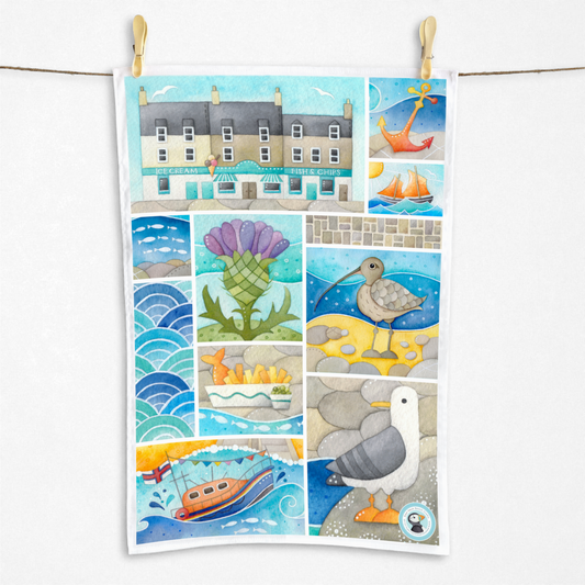 Seaside Tea Towel - Cotton - Seagull, Chip Shop, Lifeboat
