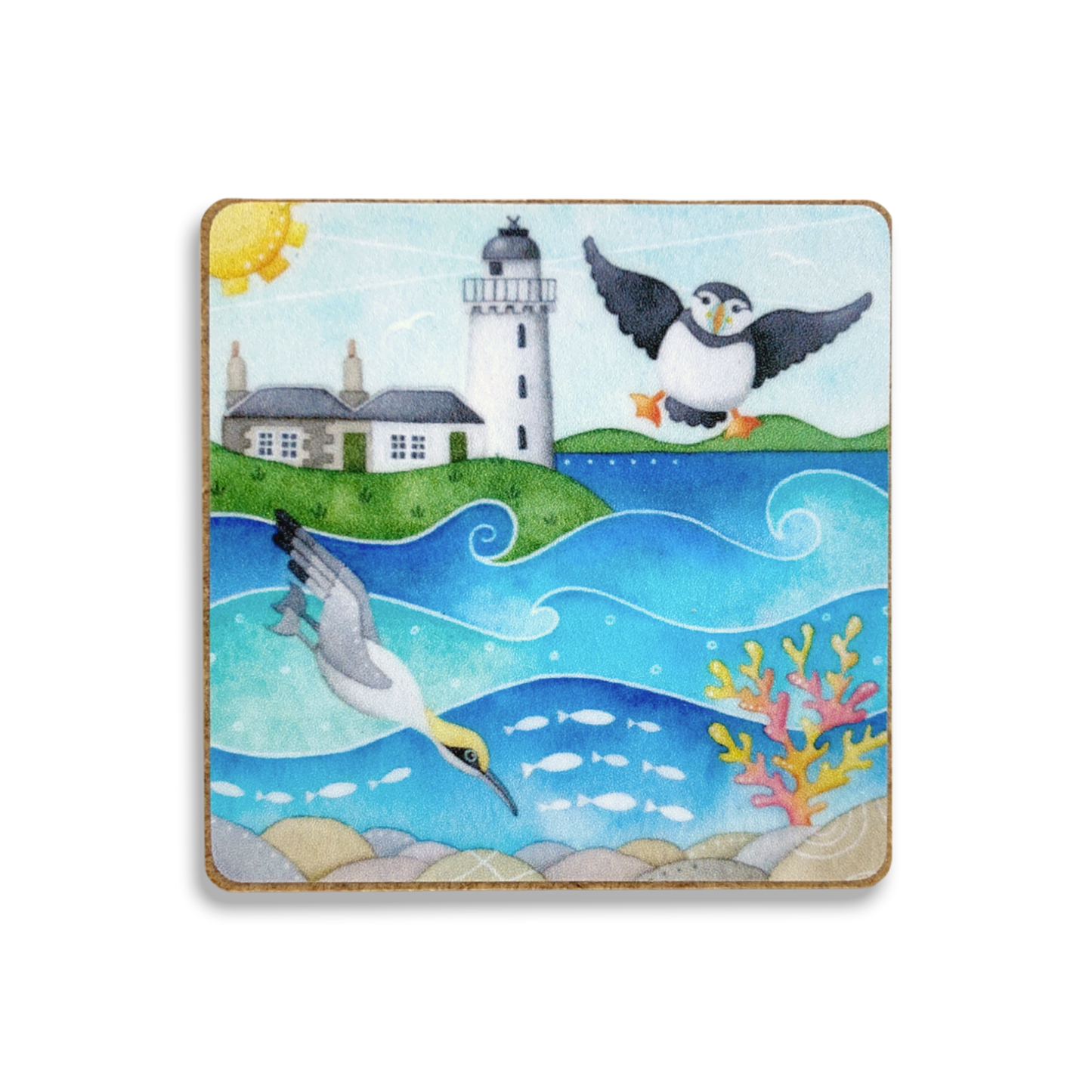 Fridge Magnet - Wood - Puffin, Diving Gannet and Lighthouse