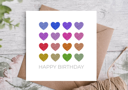 Rainbow Hearts Colourful Birthday Card