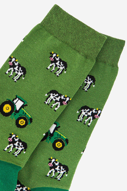 Men's Green Tractor and Cow Print Bamboo Socks