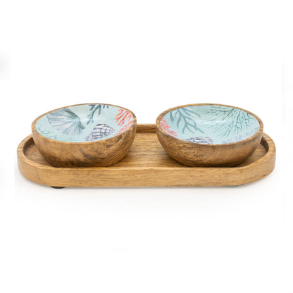 Set of 2 Small Mango Wood Dipping Bowls On Tray - Coastal Shores