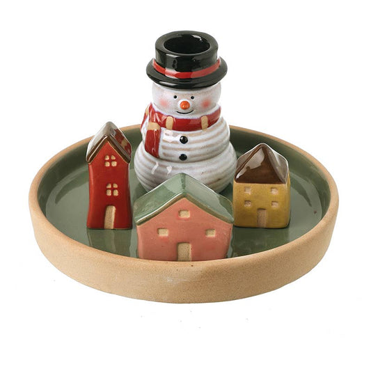SNOWMAN CERAMIC SCENE T LIGHT HOLDER