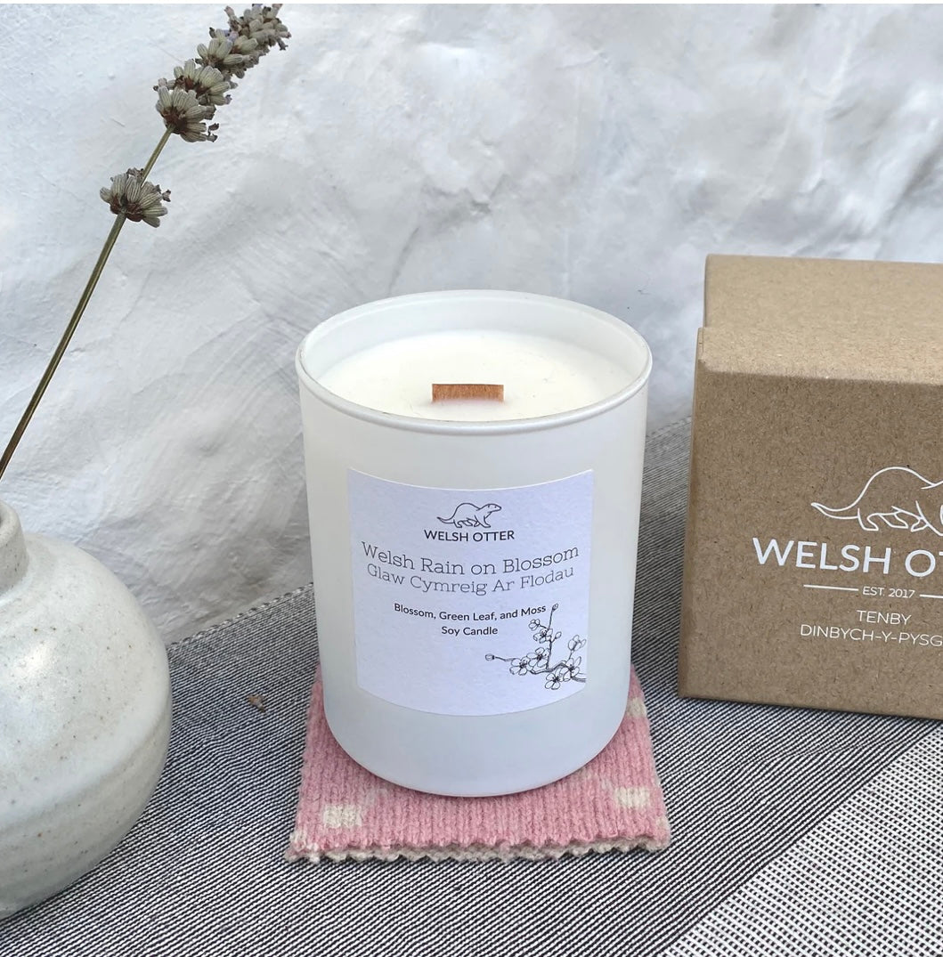 Luxury Soy Candle and Coaster - Welsh Rain on Blossom