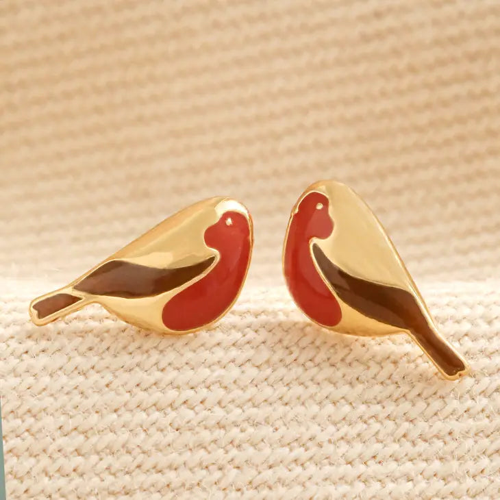 Enamel Robin Stud Earrings in Gold