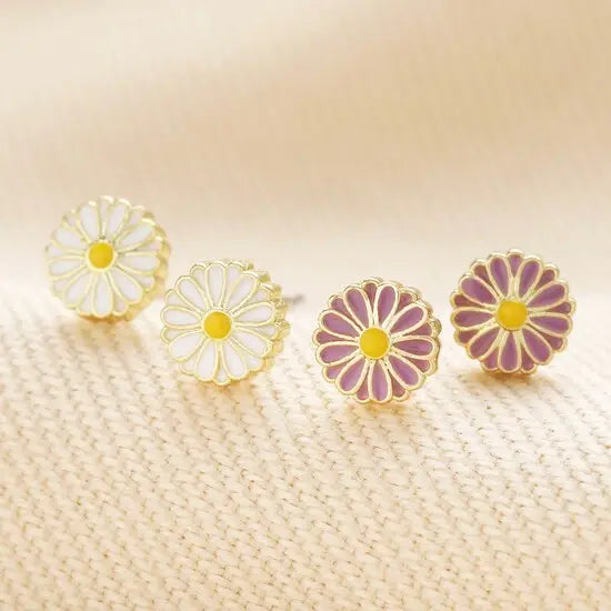 Set of Four Enamel Daisy Stud Earrings - Gold Plated